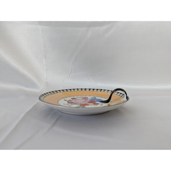 Vtg Art Deco Noritake 5.5" Handled Lemon Dish Nappy Plate. Orange luster. Blkzig - Picture 2 of 3